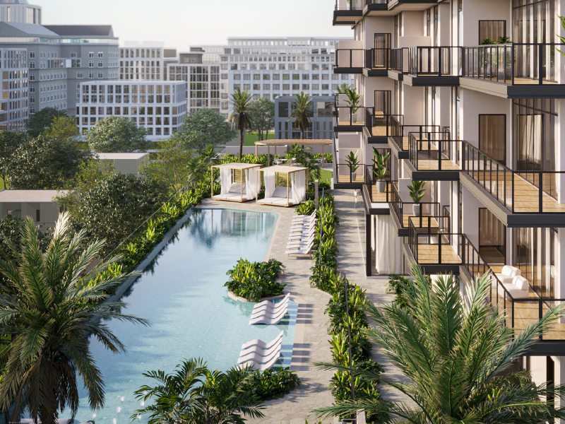 Pool deck with loungers and landscaped terraces