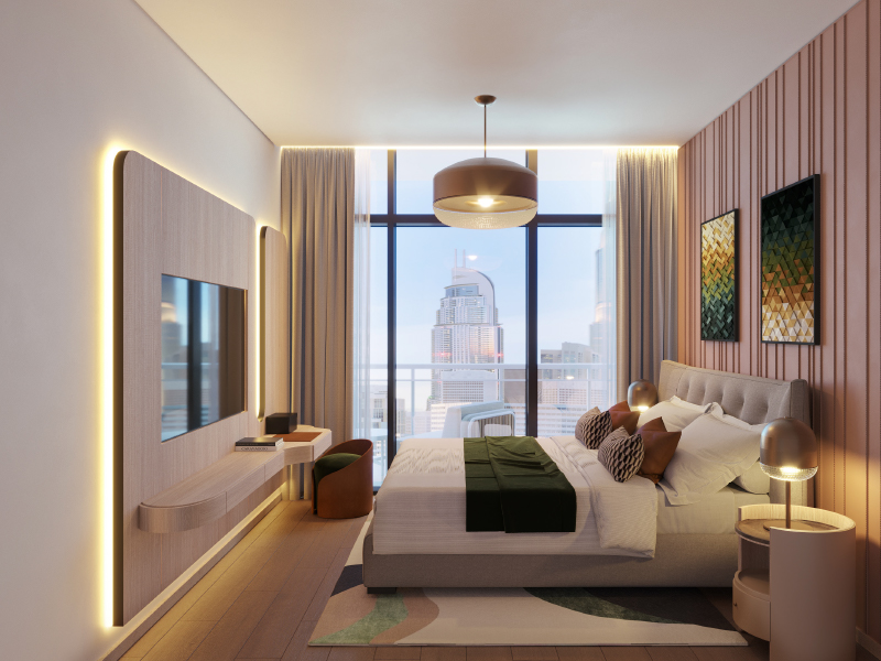 Bedroom with hotel-inspired detailing and city views