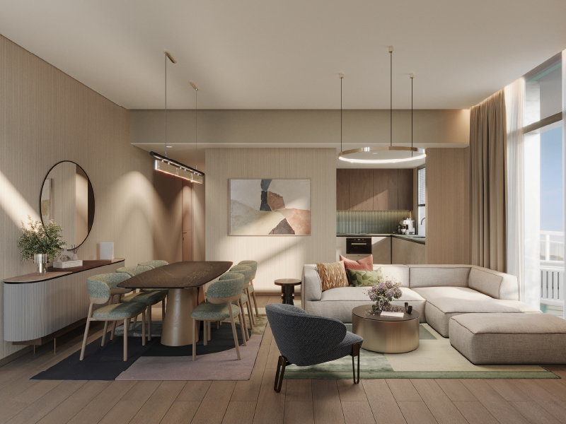 Dining and living area with contemporary finishes