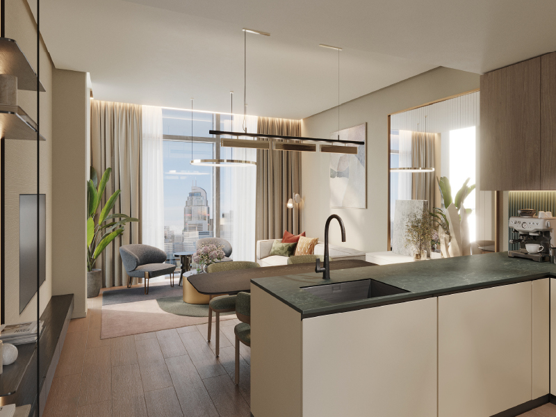 Open-plan living and kitchen with Dubai skyline views